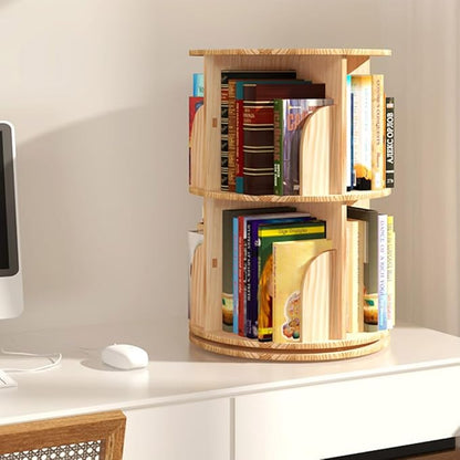Rotating Bookshelf, 360 Display 2 Tier Floor Standing Bookcase Storage Rack for Kids&Adult, Wood Narrow Book Shelf Organizer for Bedroom, Living Room, Study Room