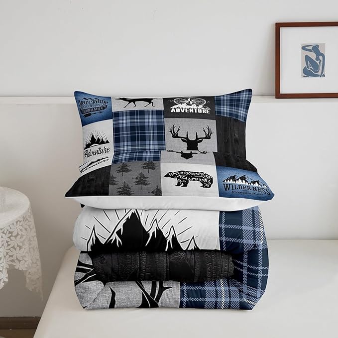 Deer Antler Bear Kids Comforter Set Queen Size,Hunting Adventure Bedding Set for Boys Girls Adults Room Decor,Geometric Plaids Patchwork Down Comforter,Rustic Farmhouse Duvet Insert,2 Pillowcases