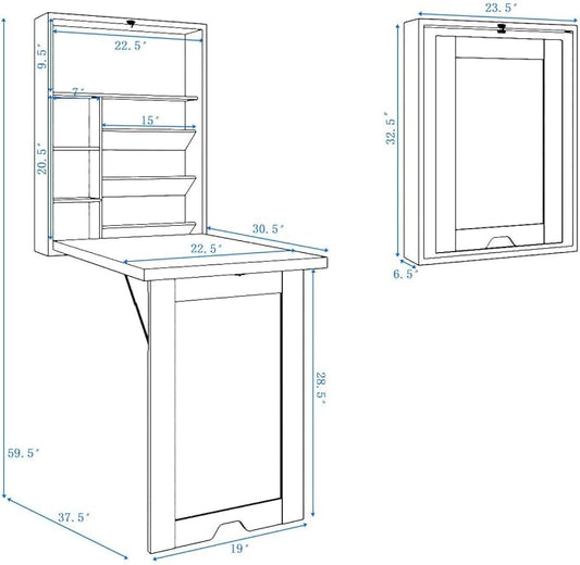 LUARANE Wall Mounted Table, Foldable Multiple-purpose Desk, Fold Out Wood Convertible Writing Desk Bookshelf Cabinet, Large Storage Space, Ideal for Home Office Study (White)