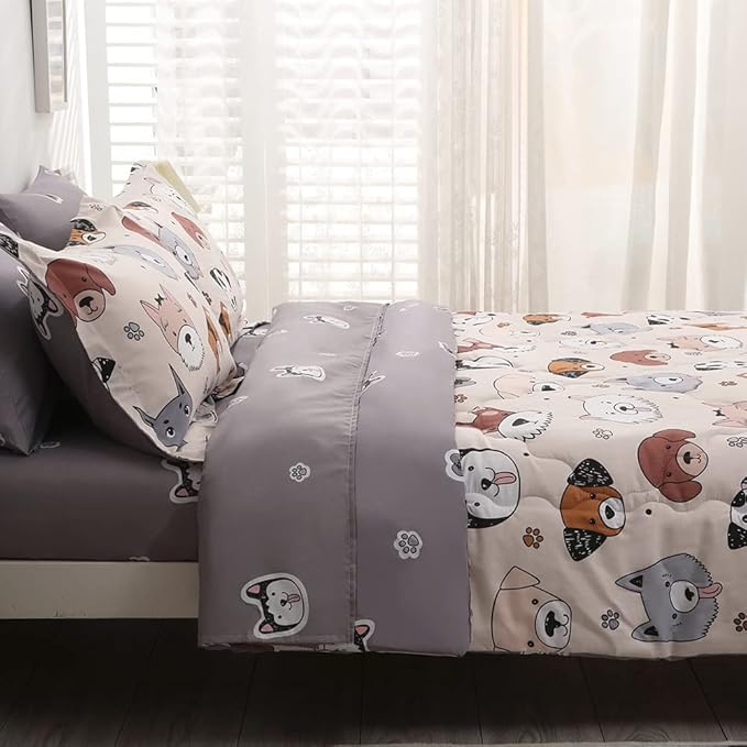 7 Piece Kids Dog Comforter Set Queen Size - Bed in A Bag Bedding Set for Teen Boys Girls - Cute Animal Quilt Super Soft All Season - Creamy White