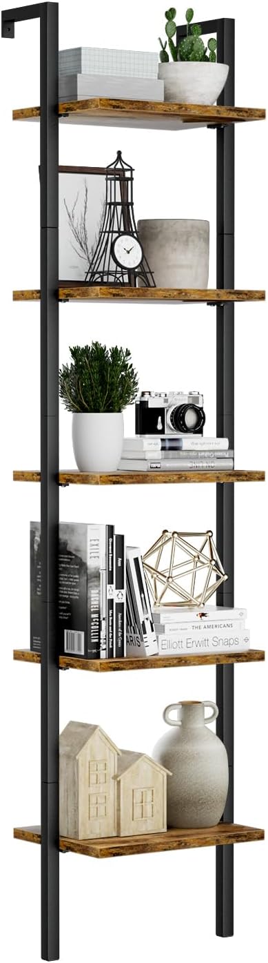 NUMENN Industrial Ladder Shelf, 5 Tier Book Shelf, Open Space Wall Mount Bookshelf with Metal Frame, Sturdy Book Shelves, Bookcase for Living Room, Vintage Brown