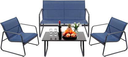 4 Pieces Patio Furniture Set Outdoor Patio Conversation Sets Poolside Lawn Chairs with Glass Coffee Table Porch Furniture for Courtyard, Garden and Balcony (Blue)