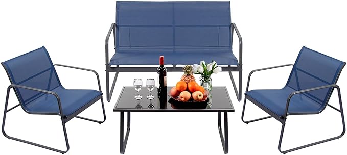 4 Piece Patio Outdoor Furniture Set with Strong Powder Coated Metal Frame One Love Seat, Two Single Chairs and one Table for Porch, Balcony, Backyad, Patio Conversation Set (Navy Blue)