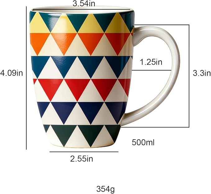 Bohemian Ceramic Coffee Mugs Set of 4, 15oz/450ml Geometric Pattern Tea Cups, Large Porcelain Mugs for Latte Cappuccino, Colorful Boho Drinkware Gift Set