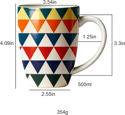 Bohemian Ceramic Coffee Mugs Set of 4, 15oz/450ml Geometric Pattern Tea Cups, Large Porcelain Mugs for Latte Cappuccino, Colorful Boho Drinkware Gift Set