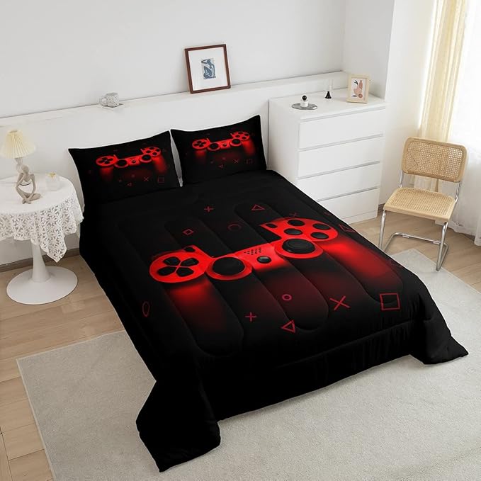 Boys Gamer Comforter Set Queen Size,Gamepad Bedding Set Kids Young Man Video Games Down Comforter for Teen Child Game Room Decor Black Red Classic Retro Gaming Quilted Duvet Set with Pillowcase
