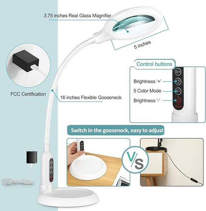 8X Magnifying Glass with Light and Clamp, 5 Color Modes Stepless Dimmable Lighted Magnifier with Stand, Flexible Gooseneck LED Desk Lamp Hands Free for Craft Painting Hobby Close Work - White