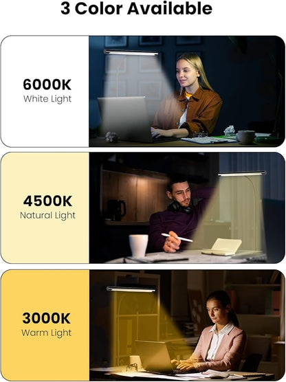 LED Desk Lamp for Home Office, Eye-Caring LED Desk Light Bar with Gooseneck, 12W Dimmable Overhead Light for Desk, Architect Clamp Lamp for Reading Study Workbench