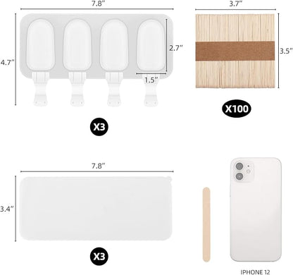 3 Set Small Popsicles Molds with Lids and 100 Pieces Wooden Popsicles Sticks, 4 Cavities Silicone Ice Cream Molds for Making Cakesicles, Cake Pops, Ice Cream - BPA Free