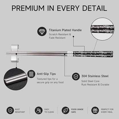 JEETEE Metal Chopsticks, 2 Pairs Stainless Steel with Holder | Titanium Coated, Anti-Slip Design, Reusable,Dishwasher Safe, for Sushi, for Ramen, for Camping, for Party