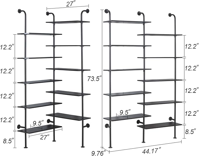 HOMBAZAAR Bookshelf,10-Tier L Shaped, Industrial Double Wide Wall Mount, Modern Bookcase with Metal Frame and Wood, Industrial Corner Pipe Shelf for Living Room and Office, Black