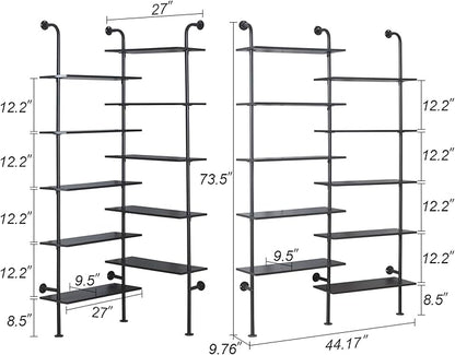 HOMBAZAAR Bookshelf,10-Tier L Shaped, Industrial Double Wide Wall Mount, Modern Bookcase with Metal Frame and Wood, Industrial Corner Pipe Shelf for Living Room and Office, Black