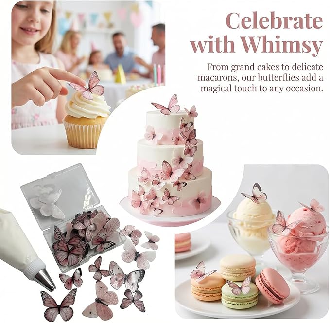 80-Piece Edible Wafer Paper Pink Butterfly Cake Decorations – Rice Paper Butterfly Toppers, Icing Decor for Birthday Cakes, Cupcakes, Cookies, and Desserts – Pastel Pink Theme