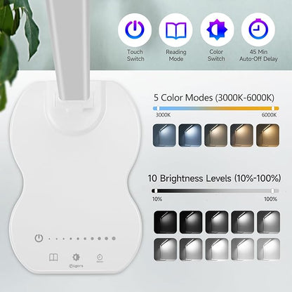 Led Desk Lamp with USB Charging Port, 5 Lighting Colors & 10 Brightness Reading Lamp, Foldable Dimmable LED Desk Light, 3000-6500K, Violin Shape Lamp Desk Lamps for Home Office-White