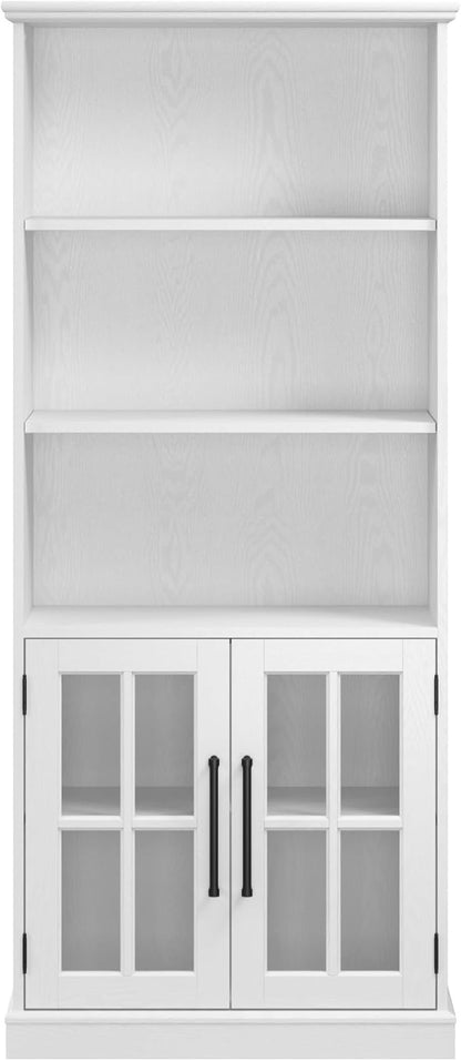 Bush Furniture Westbrook Tall 5 Shelf Bookcase with Glass Doors in White Ash | Farmhouse Bookshelf Cabinet for Living Room and Home Office