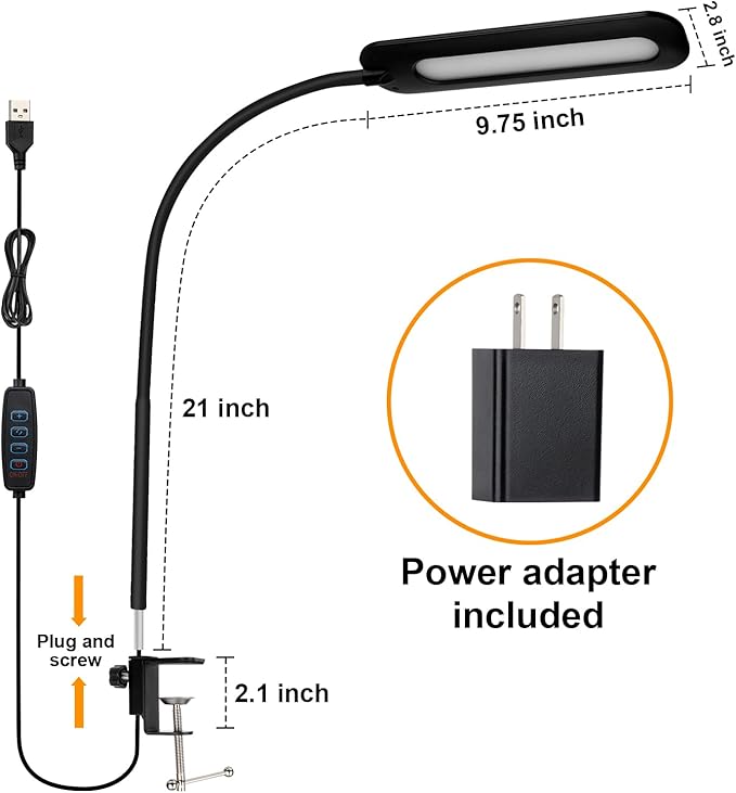 LED Desk lamps with Clamp for Home Office,High Brightness,3 Color Temperatures and Dimmable Clip On Desk Light,Flexible Gooseneck Desk Lamp with USB Adapter,Black