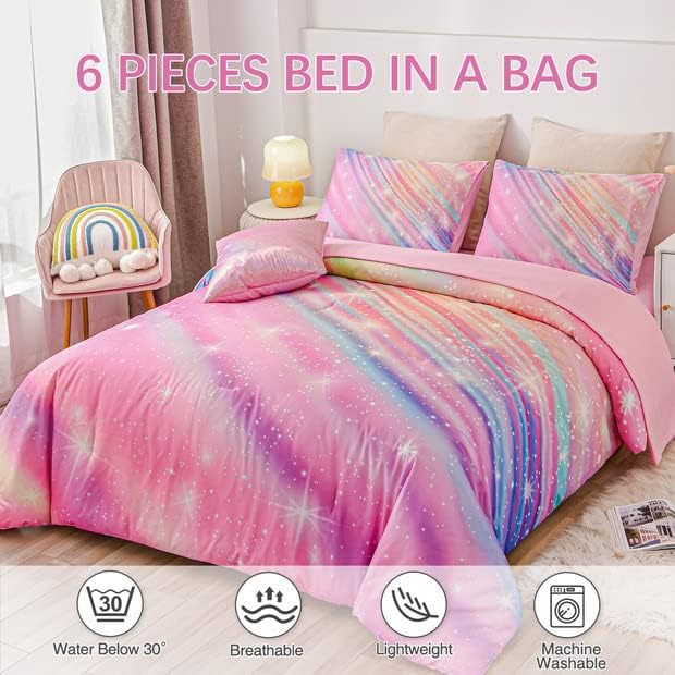 Btargot 6 Pieces Pink Gradient Star Ring Comforter Set for Boys Girls Teens, Twin Size Colorful Glitter Rainbow Star Galaxy Bedding Set