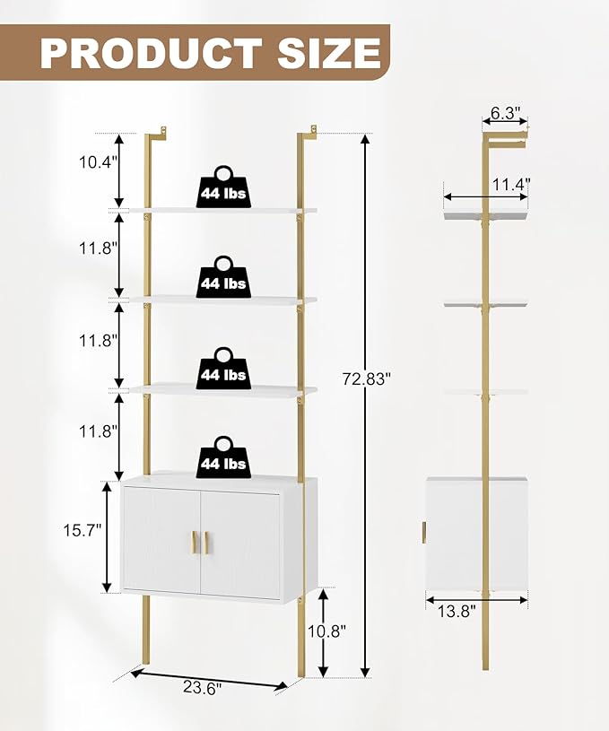Gadroad Ladder Bookshef with Cabinet, Wall Mounted Bookcases, 5 Tier Tall Open Display Rack, 73" Metal Industrial Bookshelf, Storage Shelves for Livingroom, Home Office, Gold