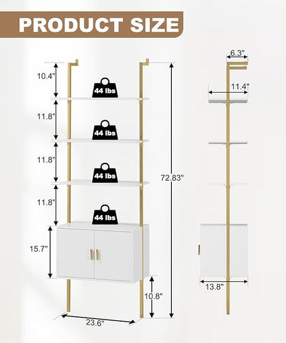 Gadroad Ladder Bookshef with Cabinet, Wall Mounted Bookcases, 5 Tier Tall Open Display Rack, 73" Metal Industrial Bookshelf, Storage Shelves for Livingroom, Home Office, Gold