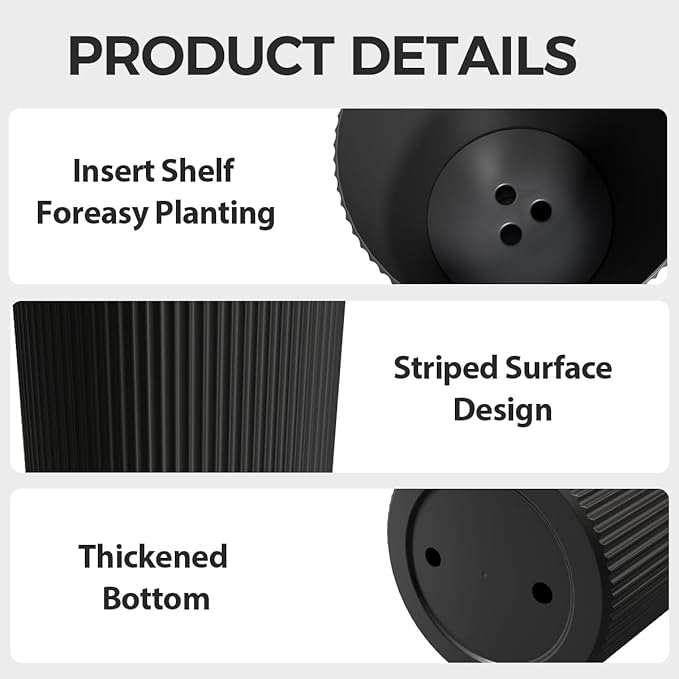 23.6" Tall Planters for Outdoor Plants,Large Outdoor Planters for Front Porch Decor with Drainage Hole, Flower Pots Fits Indoor Plants Patio/Garden, Plastic Striped Black (2 Pack)