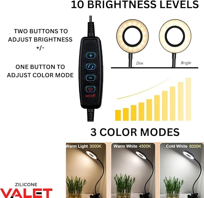 Desk Lamp with Clamp, Clip on Light, 48 LED USB Lamp with 3 Color Modes 10 Brightness Levels, 360° Flexible Gooseneck Eye Protection, Ring Light Bed Night Light for Reading With Adapter