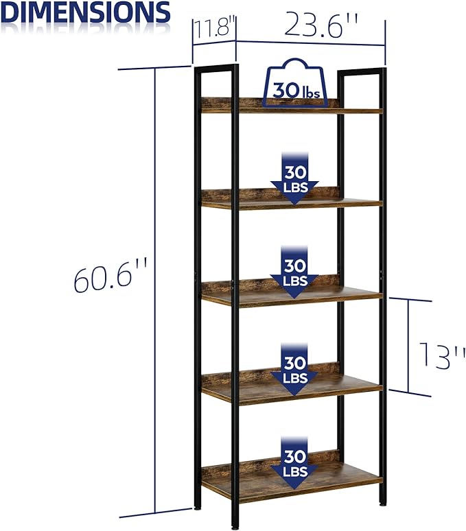 NUMENN Bookshelf, 5 Tier Bookshelves, Home Office Bookcase Shelf Storage Organizer, Free Standing Storage Shelving Unit for Bedroom, Living Room and Home Office, Vintage