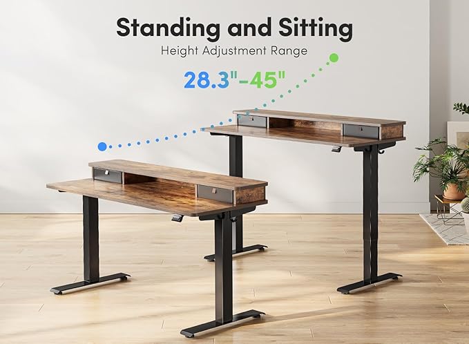 FEZIBO 48 x 24 Inch Height Adjustable Electric Standing Desk with Double Drawer, Stand Up Desk with Storage Shelf, Sit Stand Desk, Rustic Brown