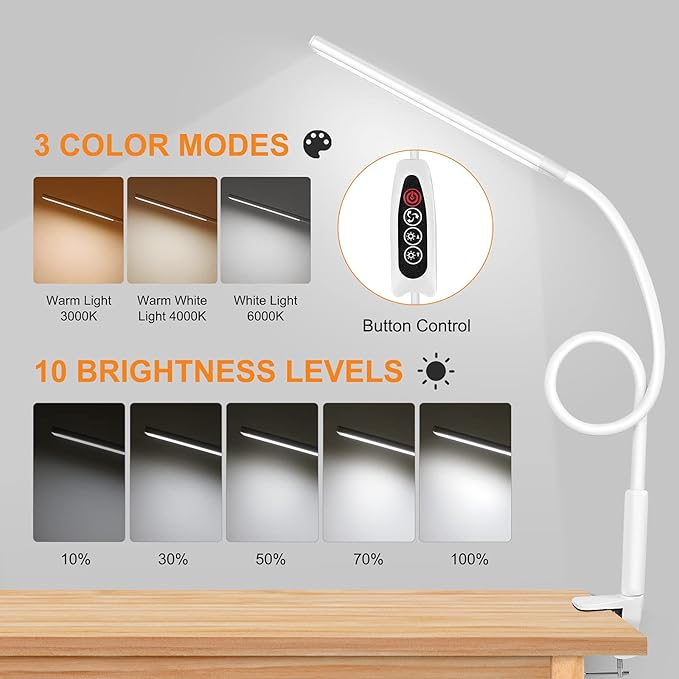 LED Desk Lamp, Swing Arm Table Lamp with Clamp, Flexible Gooseneck Task Lamp, Eye-Caring Architect Desk Light, 3 Modes 10 Brightness Levels, Memory Function Desk Lamps for Home Office, 10W