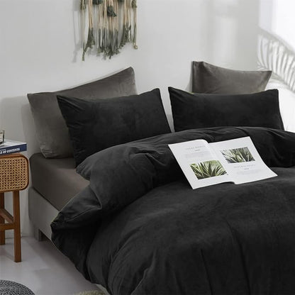 Wellboo Black Velvet Comforter Sets Twin Solid Black Fluffy Bedding Comforters Women Men Plain Dark Color Flannel Quilt Modern Minimalist All Black Comforters Twin Size Micromink Sherpa Plush Bedding