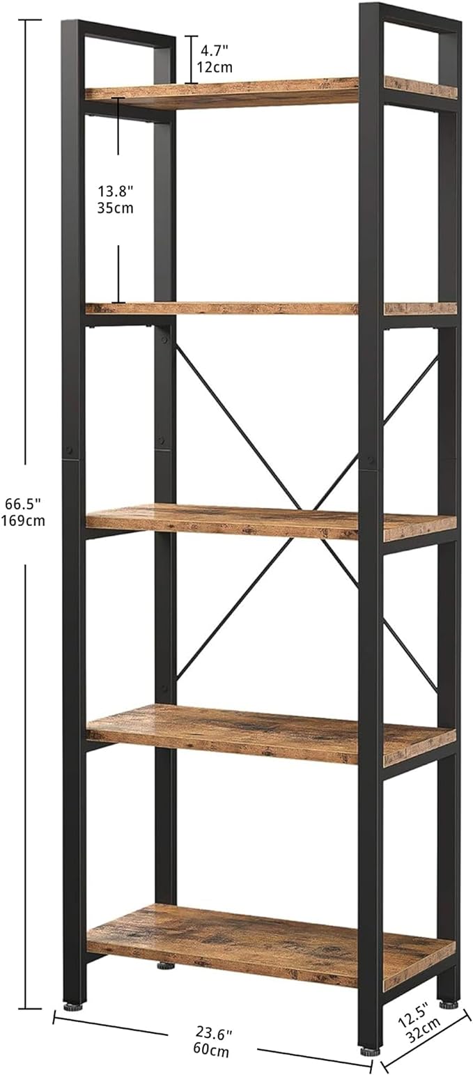 IRONCK Bookshelf 5-Tier Ladder Shelf 110lbs/shelf Vintage Industrial Style Bookcase for Home Decor, Office Decor