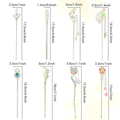 inSowni 8 Pieces Retro Vintage Asian Japanese Chinese Hanfu Rhinestone Gold Metal Flower Hair Sticks with Flower Pearl Crystal Fox Butterfly Hair Pins Forks Chopsticks Bun Updo Holders for Women Girls