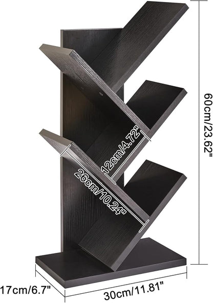 YMYNY 4 Tier Tree Bookshelf, Small Bookcase, Modern Wood Book Storage Rack, Freestanding Book shelf for Books/Movies/CDs, Narrow Display Rack for Living Room, Home Office, Black UHBC014B
