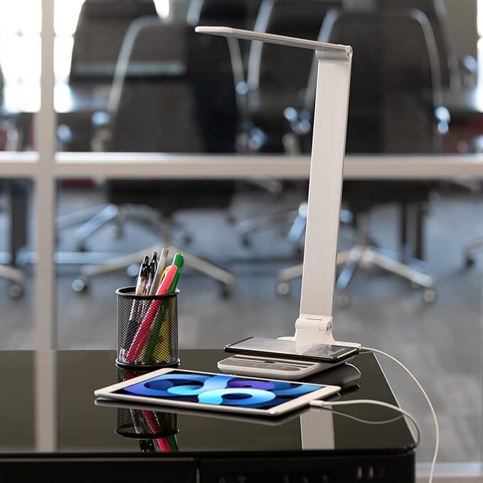 Stand Up Desk Store LED Desk Lamp with Wireless Charging Pad (White Housing, 500 Lumen LED, 10W Qi Wireless Charger, 5V/1A USB Output)
