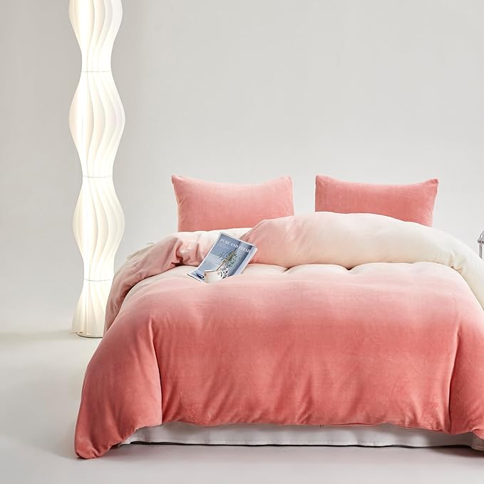 Pink White Gradient Comforter Set Twin Pink Velvet Bedding Comforter Modern Plain White and Pink Gradient Soft Quilt Farmhouse Flannel Comforter Girls Women Warm Twin Bed Comforter