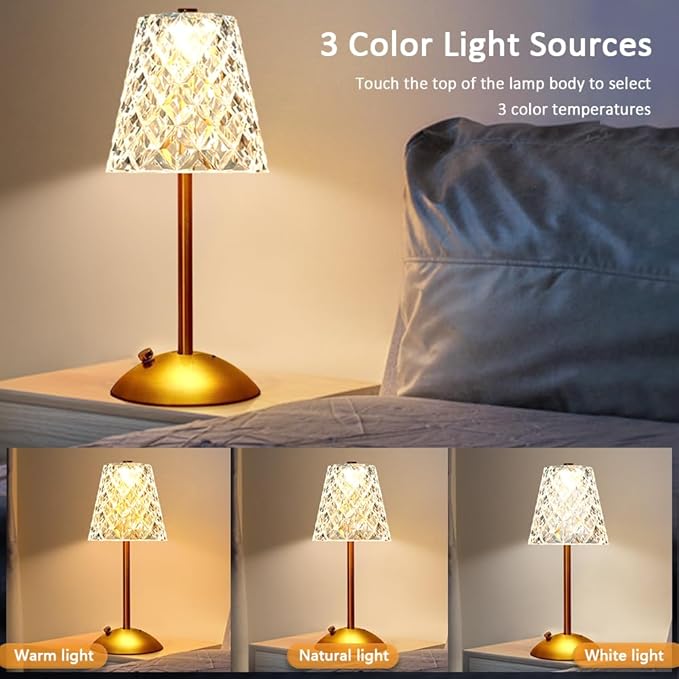 Cordless Metal Desk Lamp, Touch Sensor Control LED Table Lamp,3 Color Stepless Dimmable Battery Powered Lamp,Night Light for Kids Nursery,Bedroom/Desk/Cafe (Gold-1)