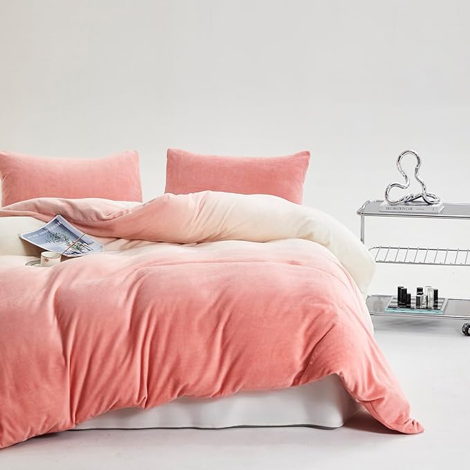 Wellboo Pink White Gradient Comforter Set Queen White and Pink Fluffy Bedding Blush Pink Velvet Comforters for Women Girls Bean Pink Gradient Flannel Quilts Farmhouse Abstract Art Watercolor Blankets