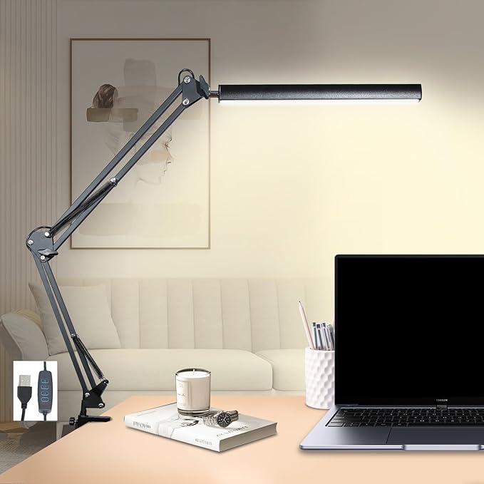 Adjustable Swing Arm Desk Lamp with Clamp, LED Desk Lamp,Dimmable Desk Light, 3 Colors 10 Brightness Adjustable Flexible Gooseneck, Architect Task Lamp for Home Office