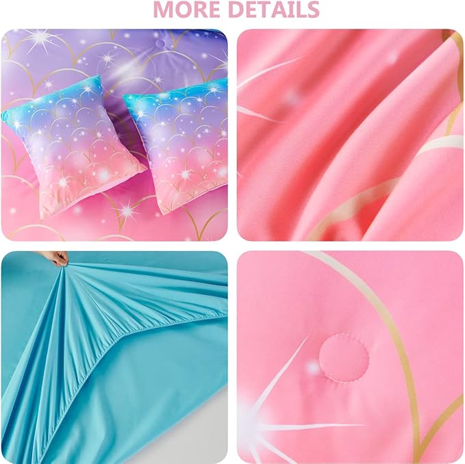 PERFEMET Pink Purple Mermaid Comforter Queen Size 6 Pieces Girls Bedding Set Colorful Rainbow Ombre Bed in A Bag Mermaid Scale Print Queen Comforter Set with Sheets