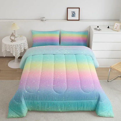 Rainbow Comforter Set Tie Dye Pastel Twin Beddings for Girls Galaxy Glitter Bedding Comforter Sets for Boys Kids Women Bedroom Decor, Girly Gradient Star Sky Ombre Duvet Insert, Pink Blue Yellow