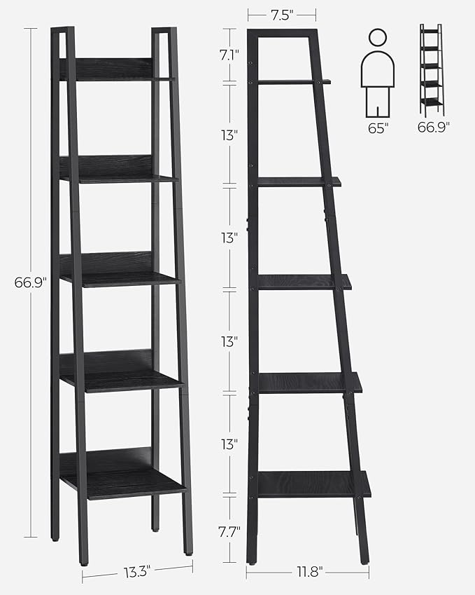 VASAGLE Bookshelf, 5-Tier Narrow Bookcase, Ladder Shelf for Home Office, Living Room, Bedroom, Kitchen, Ebony Black and Ink Black ULLS109B56