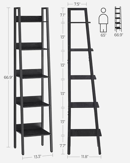 VASAGLE Bookshelf, 5-Tier Narrow Bookcase, Ladder Shelf for Home Office, Living Room, Bedroom, Kitchen, Ebony Black and Ink Black ULLS109B56