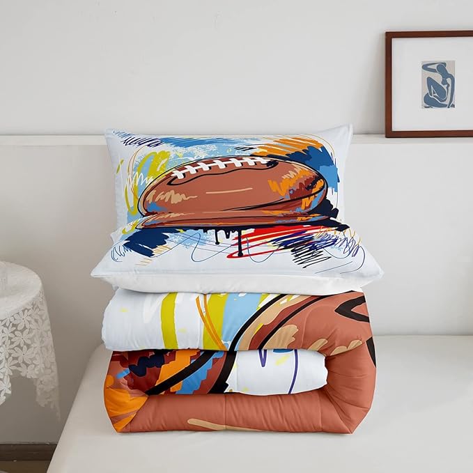 Boys Football Comforter Set Queen Kids Teen Sports Bedding Set Bedroom Decor,Watercolor Tie Dye Hand Drawn Graffiti Football Bedding Comforter Sets Rugby Quilt Duvet 2 Pillow Cases Colorful Brown