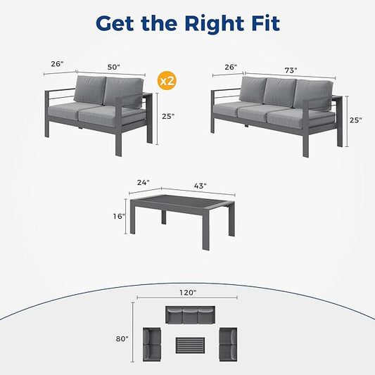 Wisteria Lane Aluminum Outdoor Patio Furniture Set, Modern Patio Conversation Sets, Outdoor Sectional Metal Sofa with 5 Inch Cushion and Coffee Table for Balcony, Garden, Dark Grey