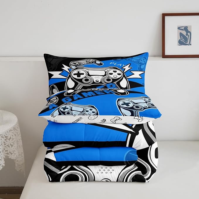 Erosebridal Gamer Comforter Sets for Boys Full Size,Gaming Bedding Sets for Boys Kids Teens Gamepad Gaming Comforter Set Game Room Decor,Blue Black 3Pcs
