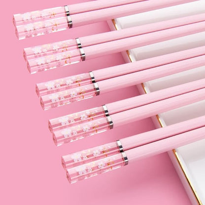 Pink Fiberglass Chopsticks, Reusable, Dishwasher Safe, Non-slip, 5 Pairs | Premium Japanese Chinese Sakura Design, Lightweight, 9.6 inches, Food-Grade, Durable, Heat-Resistant for Sushi Ramen