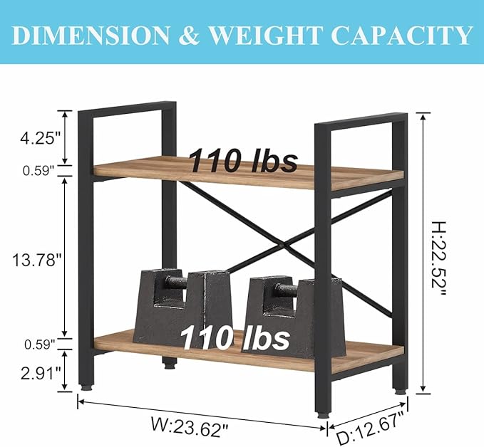 BON AUGURE Small Bookshelf for Small Space, Industrial 2 Tier Wood Metal Bookcase, Rustic Short Book Shelf for Living Room, Bedroom and Office (Vintage Oak)