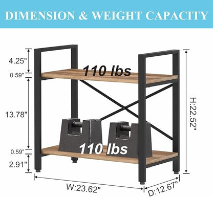 BON AUGURE Small Bookshelf for Small Space, Industrial 2 Tier Wood Metal Bookcase, Rustic Short Book Shelf for Living Room, Bedroom and Office (Vintage Oak)