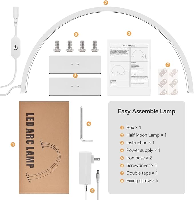 22inch Half Moon Light Nail Lamp for Desk, LED Nail Tech Lamp Lash Light for Professionals, Dimmable Lamp with Touch Controller, 3 Color Modes, 10 Brightness 3000K-6000K (White)