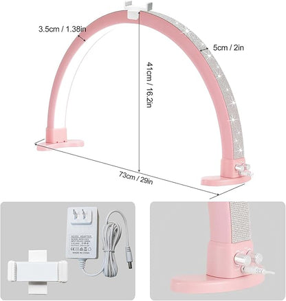 Half Moon Light with Phone Holder, 29 in 48W Nail Desk Lamp, Lash Light for Eyelash Tech, Makeup, Tattoo, Spa, Salon, Nail Tech Lamp with Stepless Dimming & Color Temperature(Pink)
