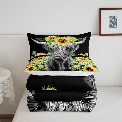 Highland Cow Bedding Set Kids Sunflower Floral Western Cow Bull Comforter Set for Girls Teens Farmhouse Wildlife Animal Comforter Black Duvet Set Room Decor Quilt Set Twin Size